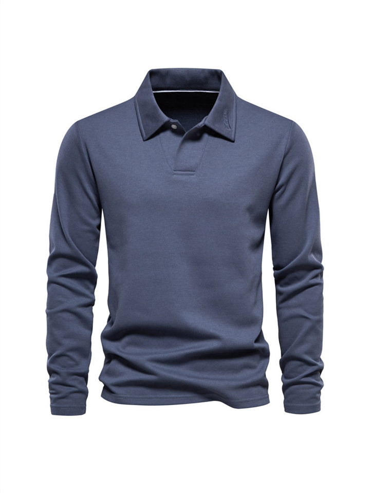 V Collar Solid Color Washed Long-sleeved Slim Polo Shirt Men's Casual Solid Color Tops Turnover Collar Versatile Polo Shirt