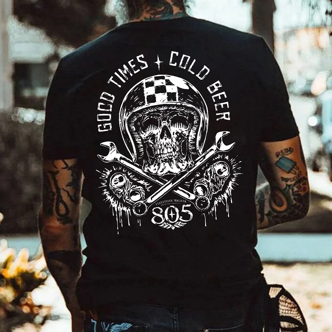 GOOD TIMES COLD BEER Helmet Skull Print Men's T-shirt