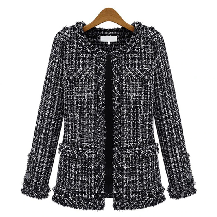 Autumn And Winter Black and White Plaid Tweed Coat Women