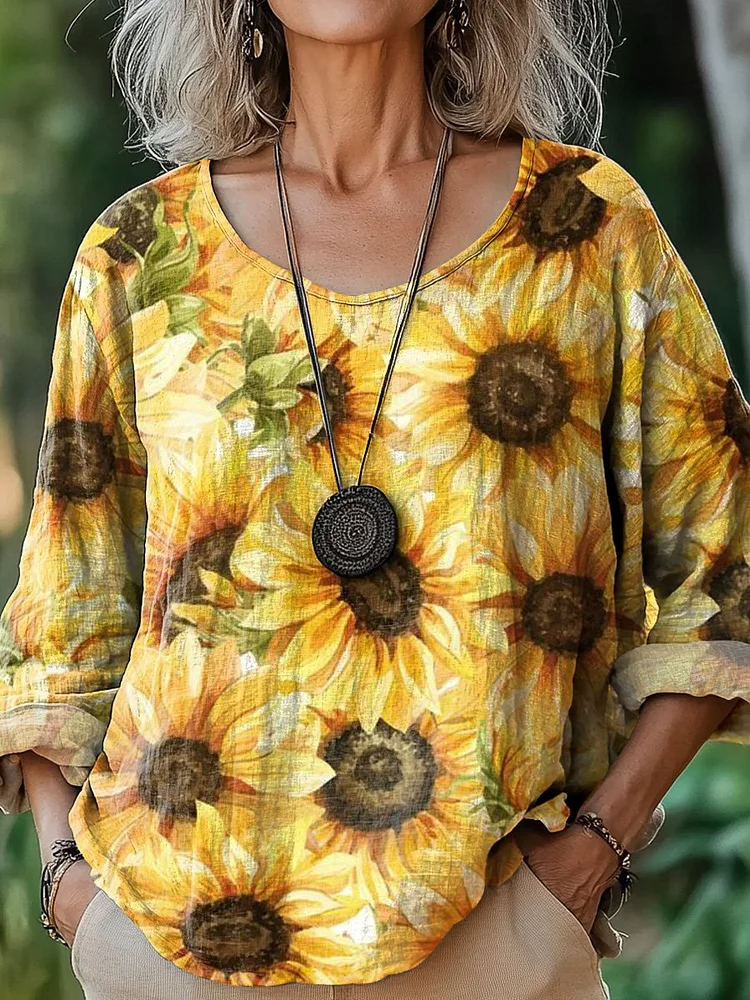 Watercolor Sunflower Pattern Printed Women's Casual Cotton And Linen Shirt