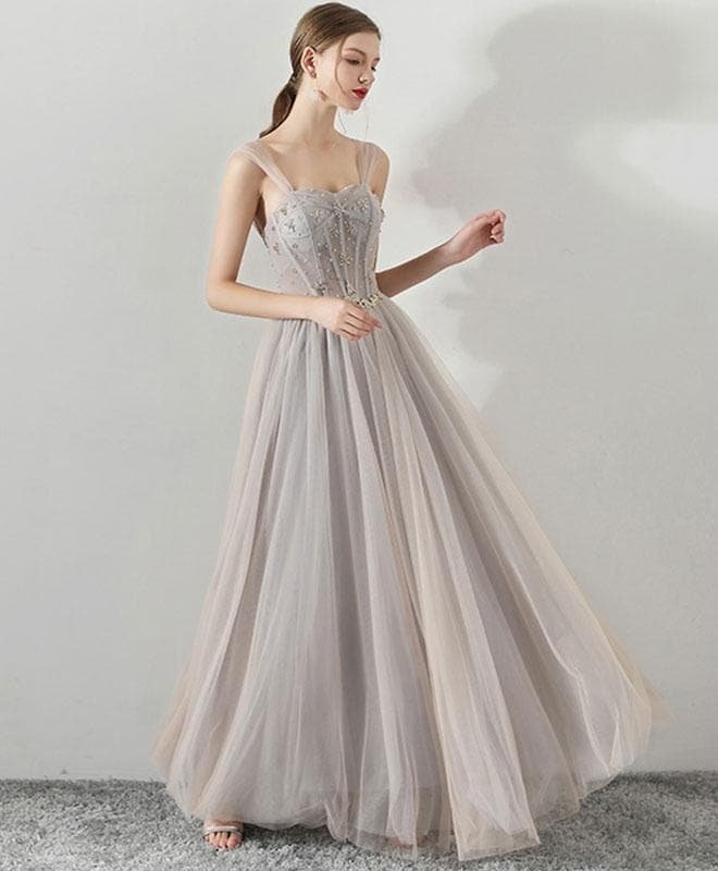 Gray Sweetheart Neck Tulle Long Prom Dress, Gray Tulle Evening Dress
