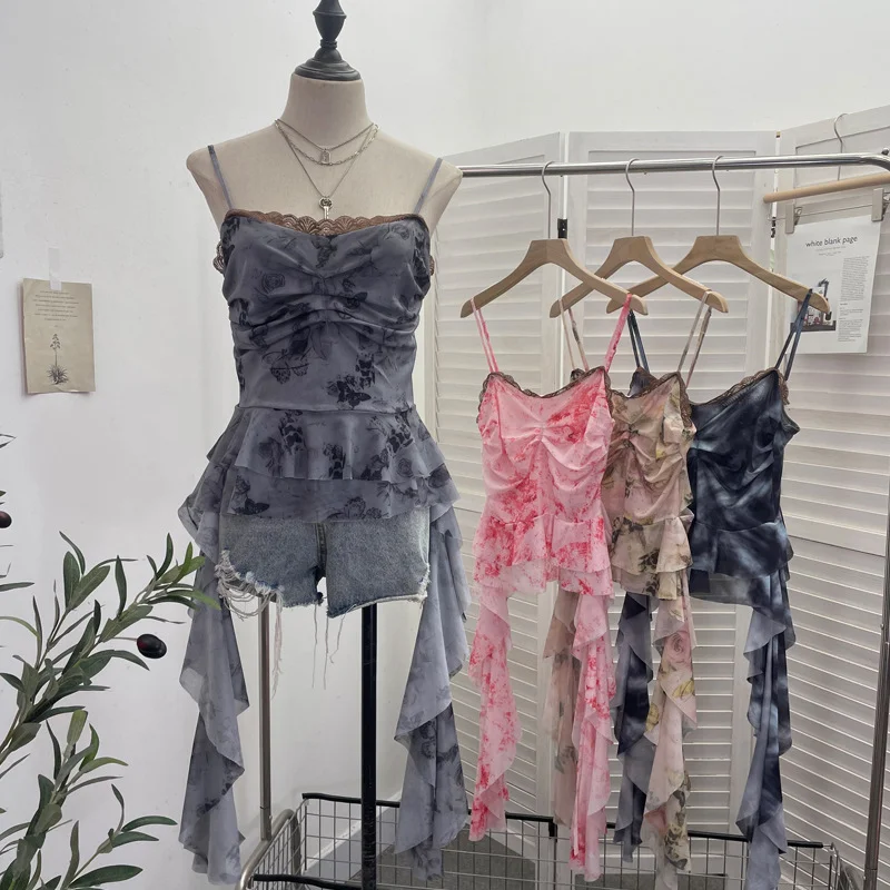 Uveng Real Shooting Atmosphere Feels A Mesh Yarn-Print Sling Vest Irregular Ribbon Splicing Lace Sleeveless Top 9968