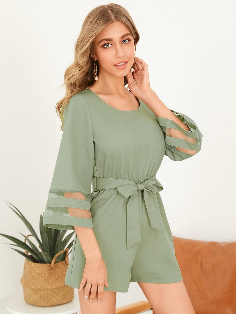 Solid Color Crew Neck Tie Up Backless Romper - Shop Trendy Women's Fashion | TeeYours