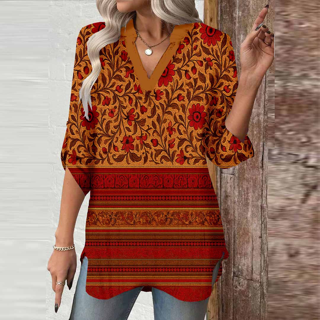 Women Bohemian,Orange,Red DZGA0322 3/4 Sleeve V-neck Printed Graphic Button Tops