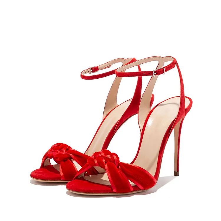 Red Vegan Suede Shoes Stilettos Ankle Strap Heel Sandals |FSJ Shoes