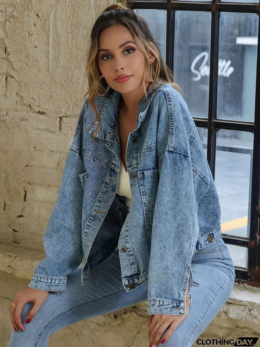 Collared Neck Dropped Shoulder Denim Jacket