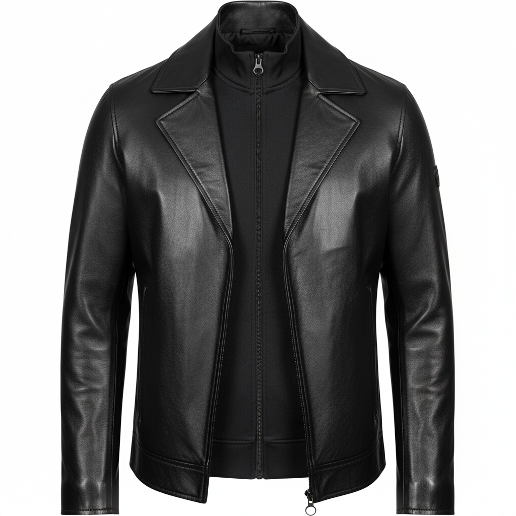 thesupersurf Classic Black Leather Jacket with Zipper Closure 