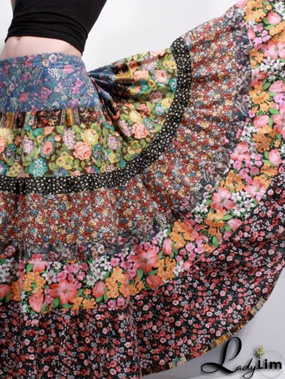 Bohemian Floral Patchwork Big Swing Maxi Tiered Skirt