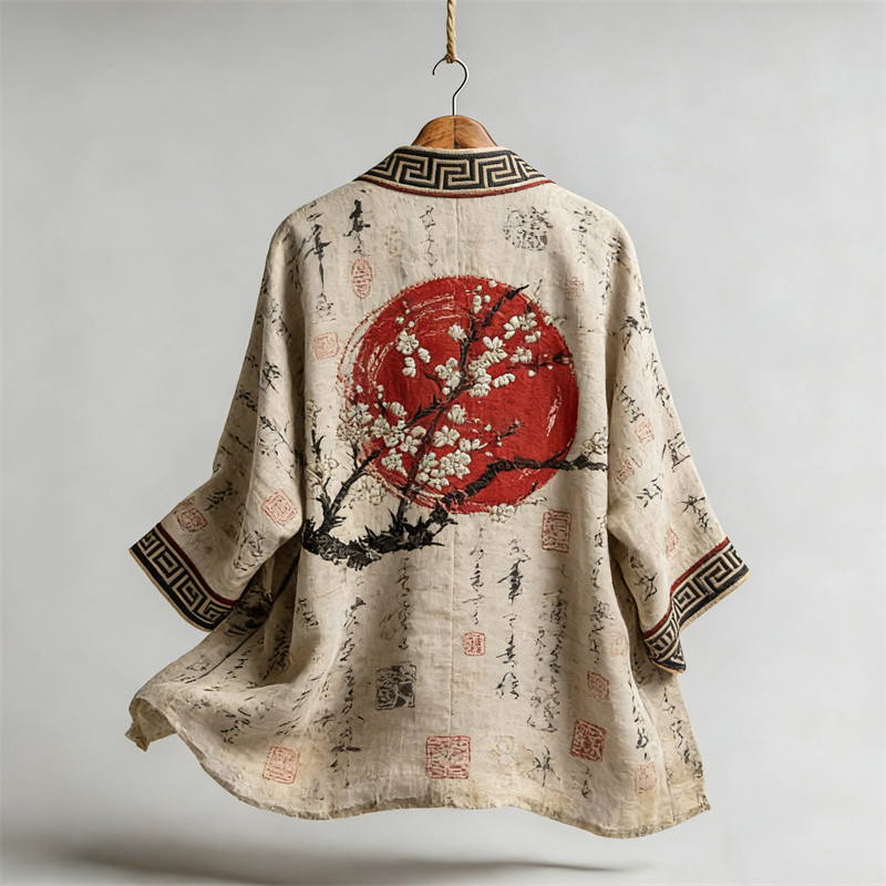 Japanese Plum Blossom Sunrise Calligraphy Linen Kimono  artssus
