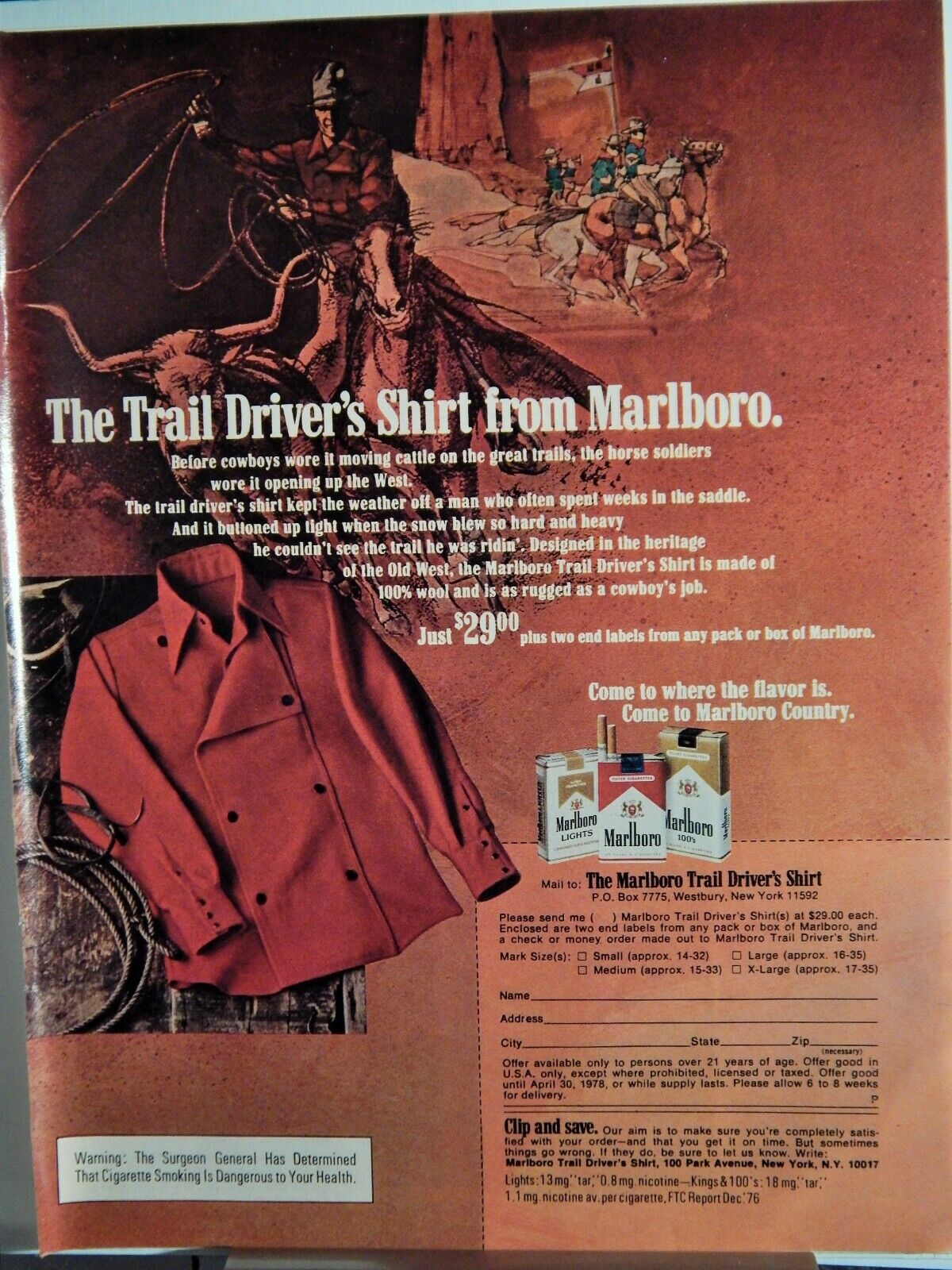 MARLBORO CIGARETTES TRAIL DRIVER'S SHIRT ORIG. VTG 1977 Photo Poster painting AD,