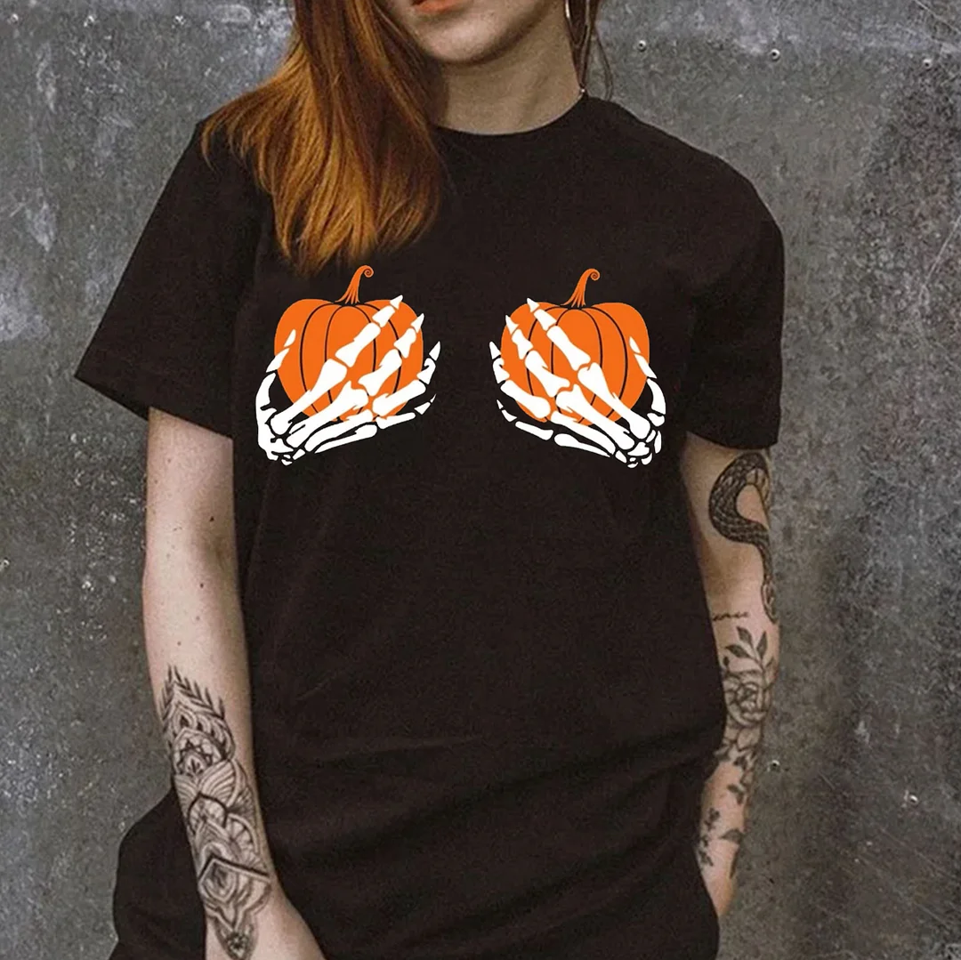 Pumpkin And Skeleton Hands Black Print T-shirt
