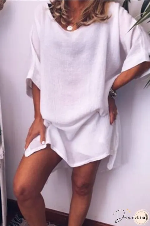 Meridress Half Sleeve Side Split Cotton Linen Dress