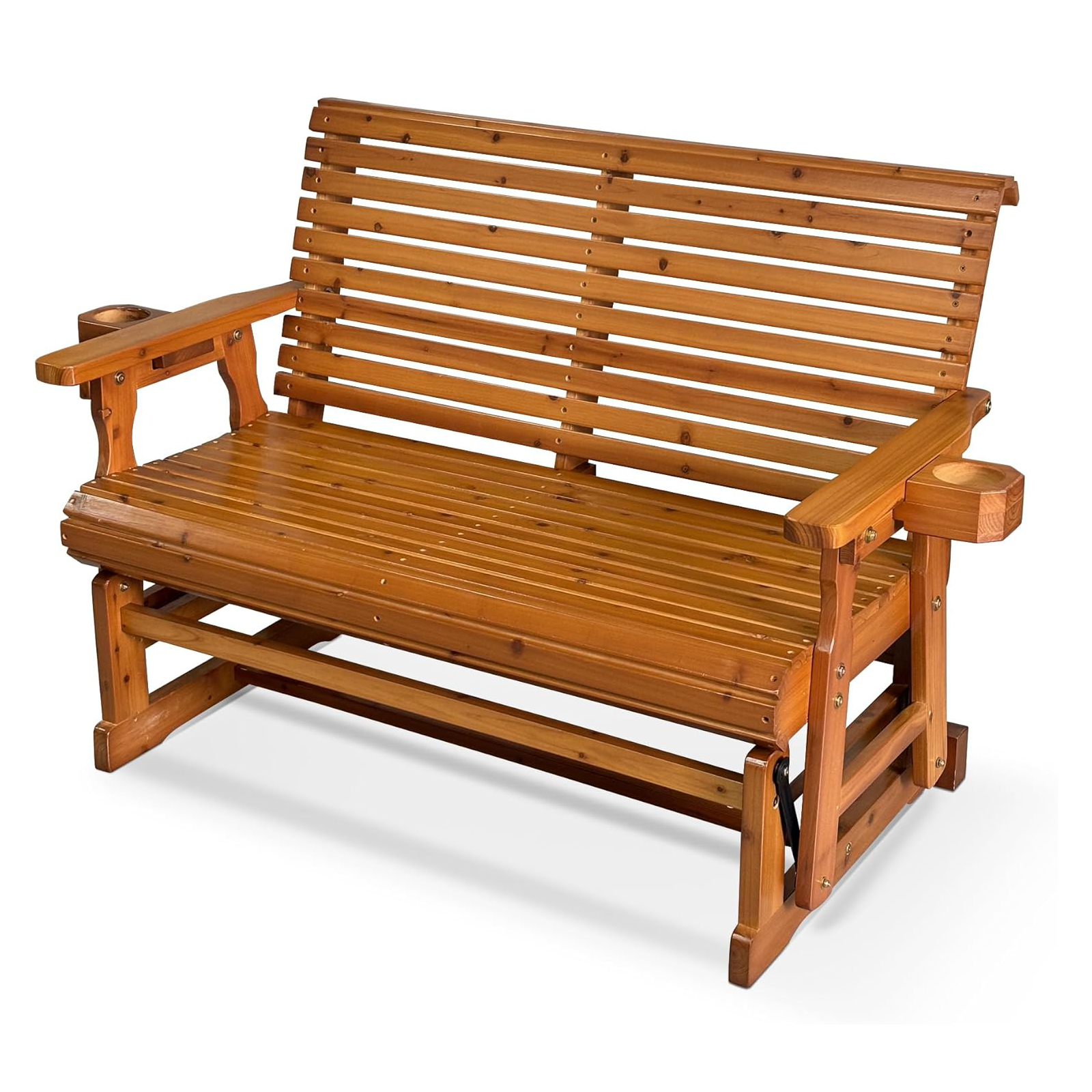 Outdoor Brown Wooden Porch Glider with Cup Holder - 2 Seater