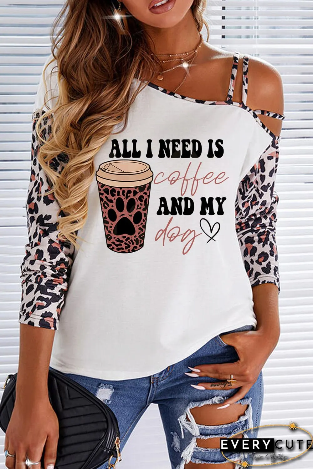 White Letter Coffee Cup Graphic Print Cut-out Leopard Long Sleeve Top