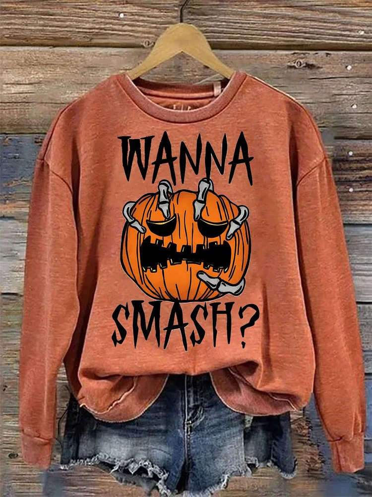 Women's Halloween Retro Pumpkin Wanna Smash Print Casual Sweatshirt