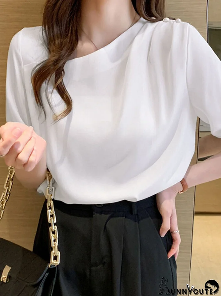 Solid Asymmetrical Pearl Short Sleeve Blouse For Women