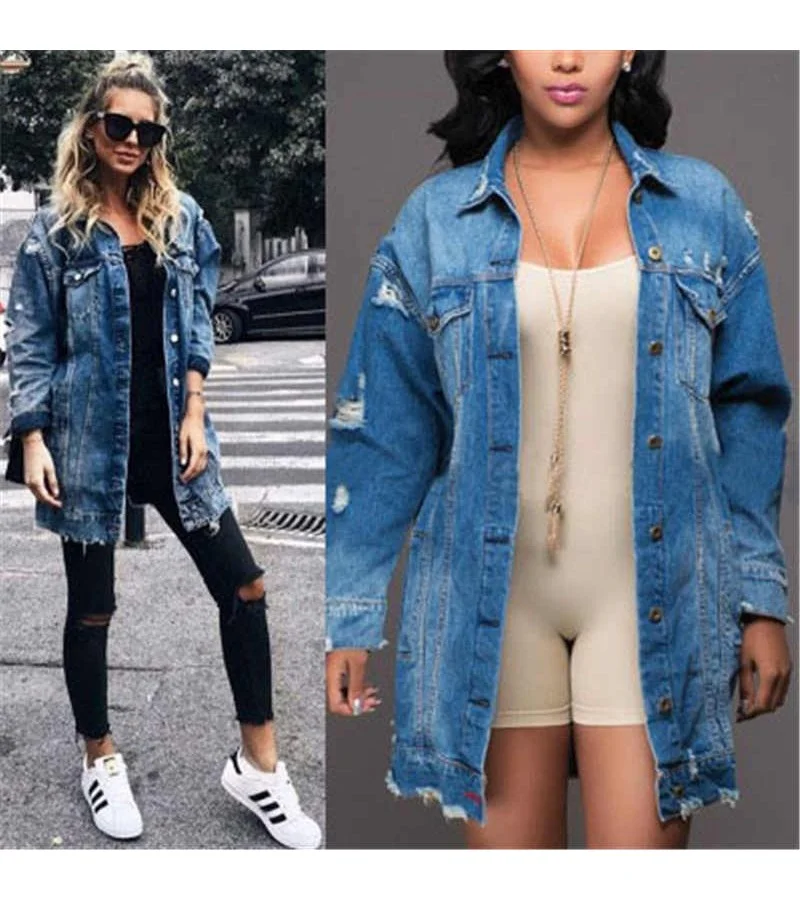 Women Fashion Raw Hem Ripped Denim Topcoat S-3XL