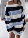 Off-The-Shoulder Contrast Color Striped Loose Long Sleeve Sweater Mini Dress
