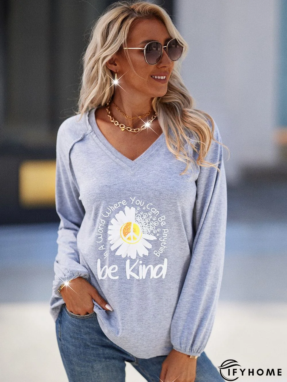Casual V neck Long Sleeve Printed Tunic T-Shirt | IFYHOME