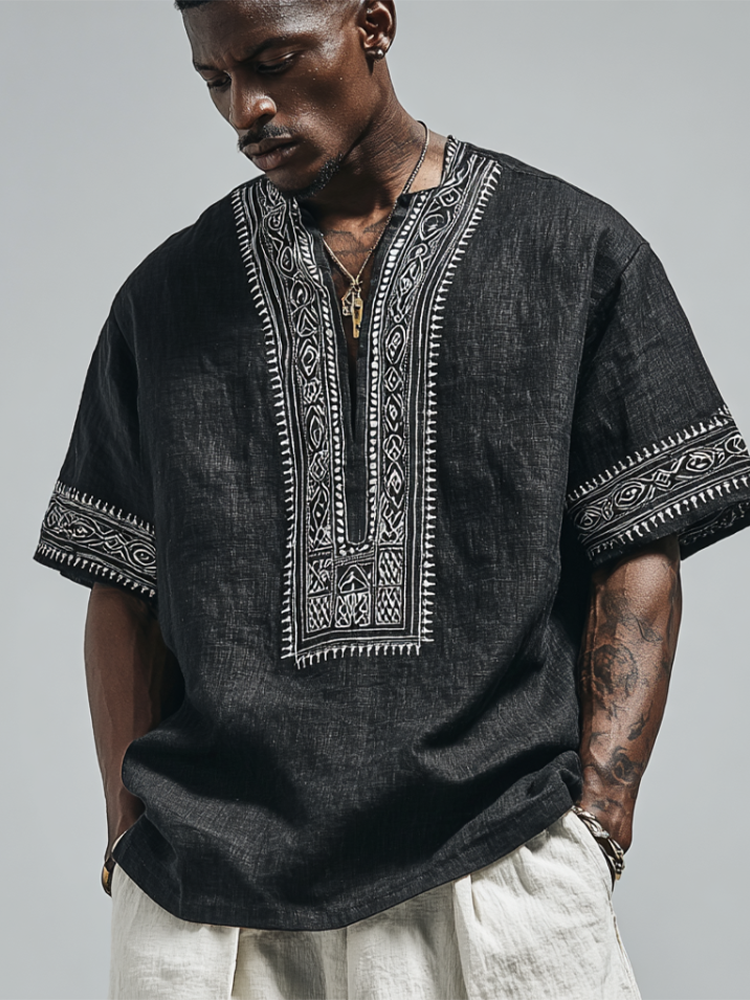 Comstylish Egyptian Retro Cotton And Linen V-neck Short-sleeved Shirt