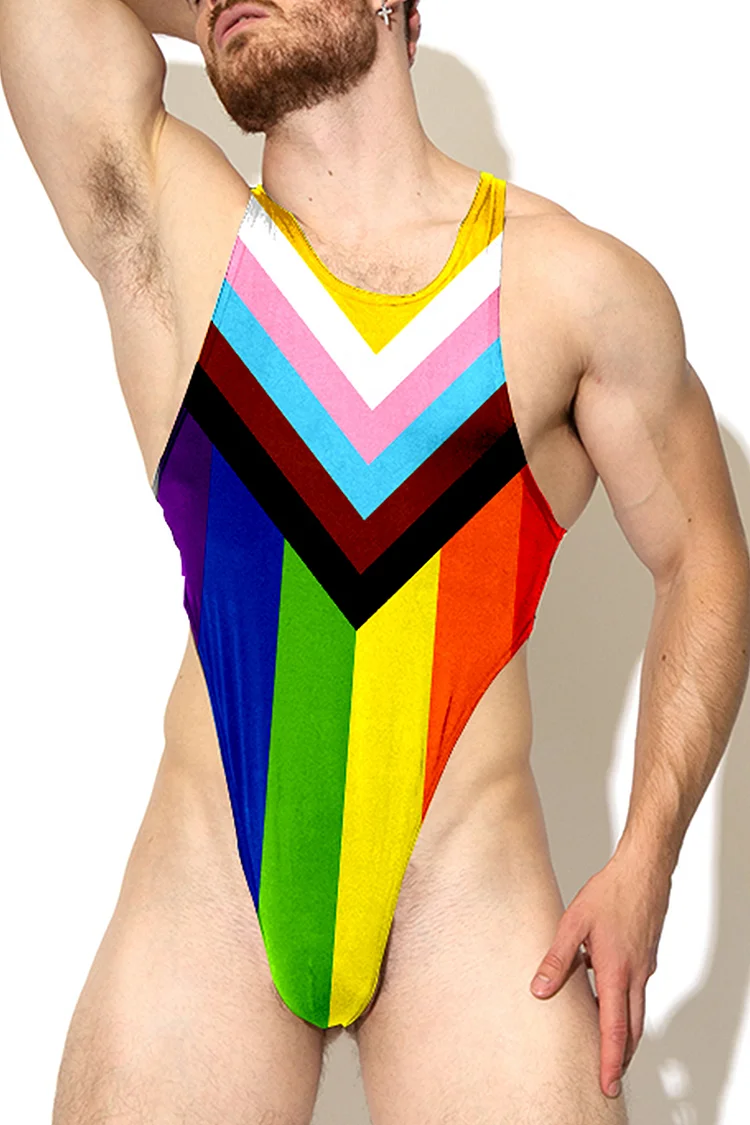 Men's Rainbow Colorblock Print Cross Back Thong Bodysuit 