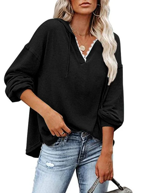 Women's Long Sleeve V-neck Lace Stitching Hooded Top