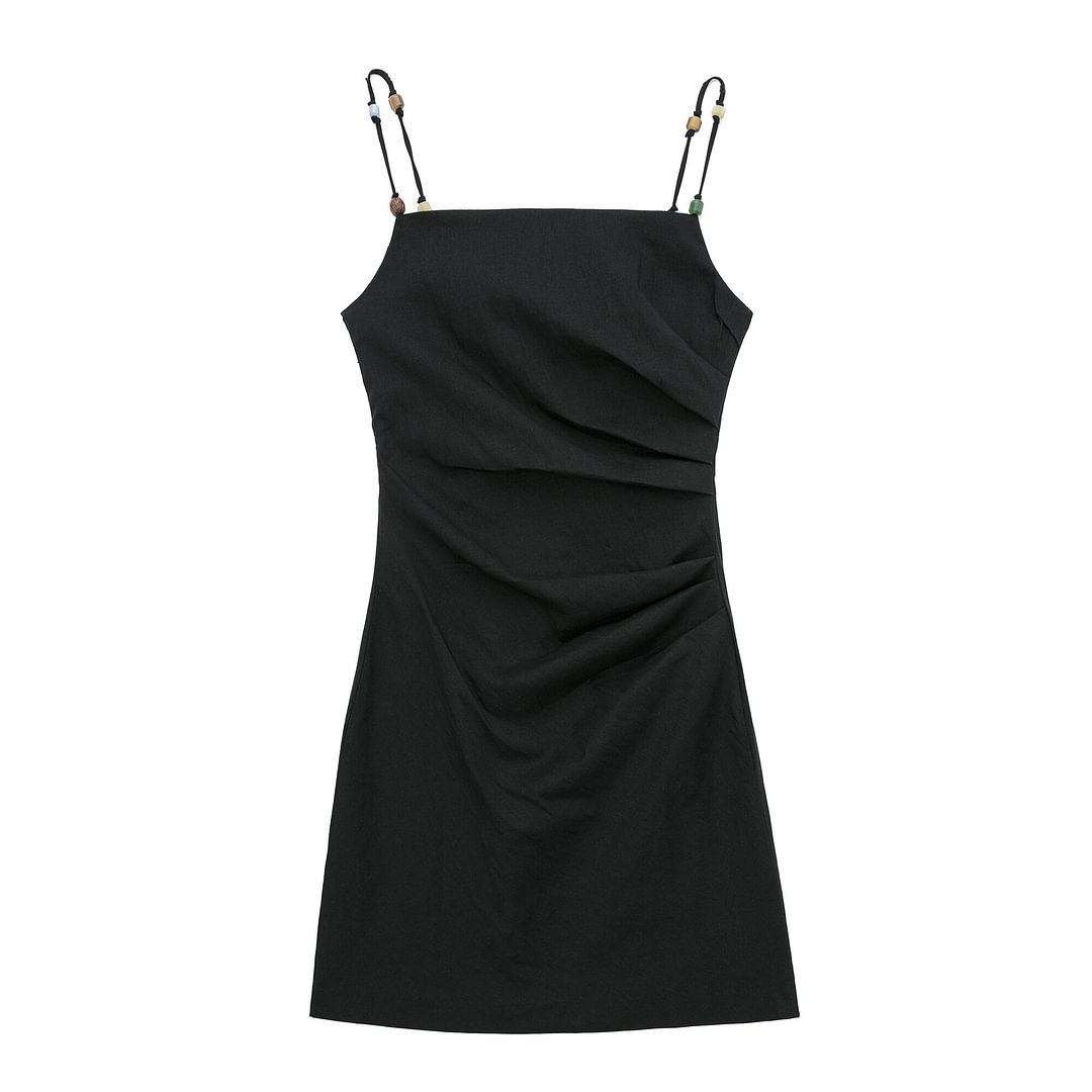 Applyw 2022 women fashion linen blend draped dress woman resort style thin straps beaded female chic mini dresses