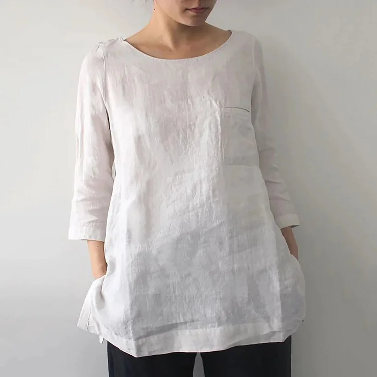 Casual Solid Color Cotton And Linen Round Neck T-Shirt