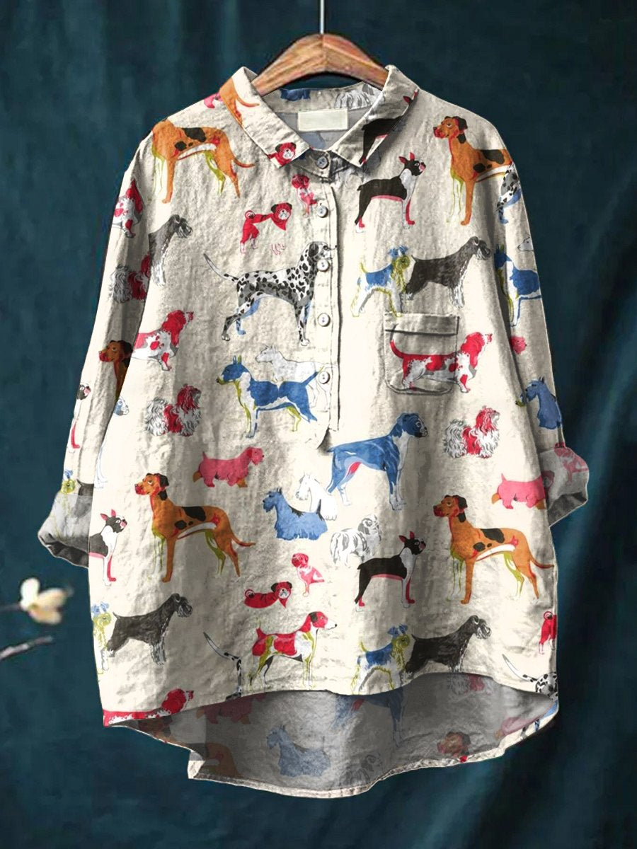 Women's Funny  Art Print Casual Cotton And Linen Shirt