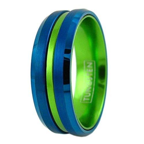 Women's Or Men's Tungsten Carbide Wedding Band Matching Rings,Blue with Green Groove,Matte Finish Tungsten Carbide Ring,Beveled Edge With Mens And Womens For Width 4MM 6MM 8MM 10MM