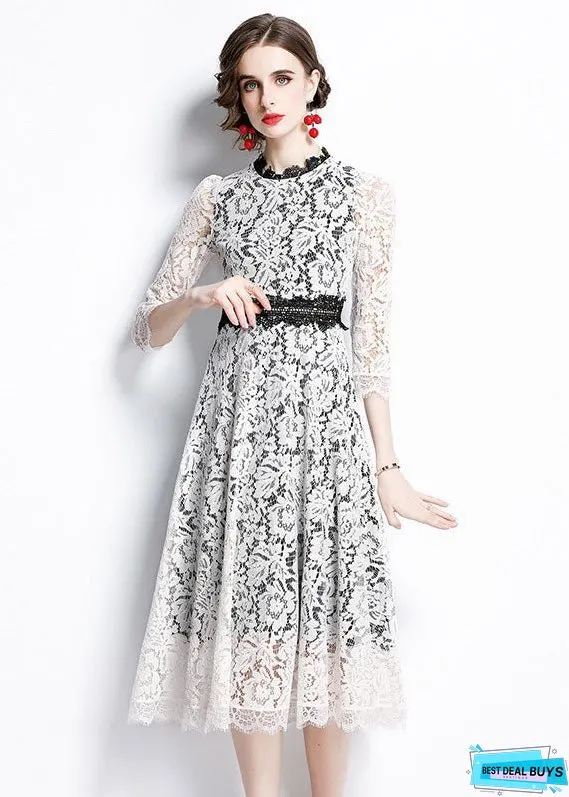 Women White O-Neck Patchwork Lace Party Dress Bracelet Sleeve