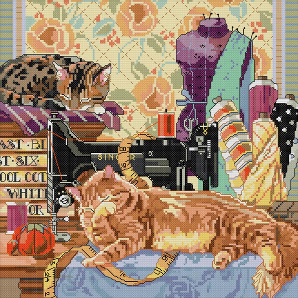 

Cat And Sewing Machine - 14CT Stamped Cross Stitch - 38*38cm, 501 Original