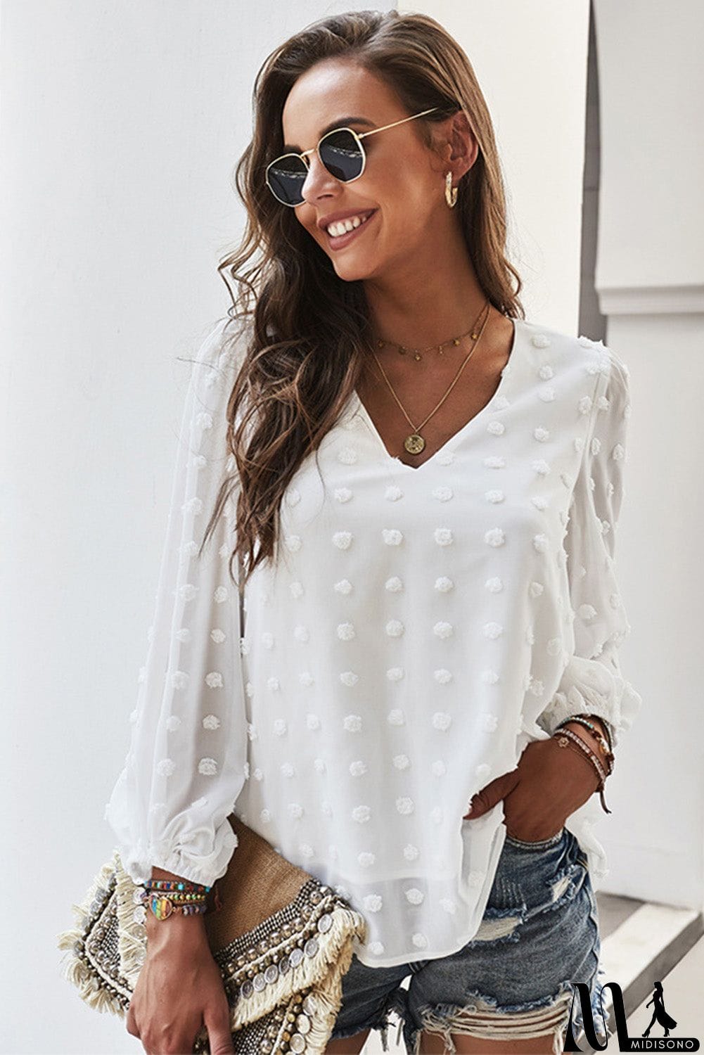 MidiSono - Swiss Dot Bubble Sleeve Blouse