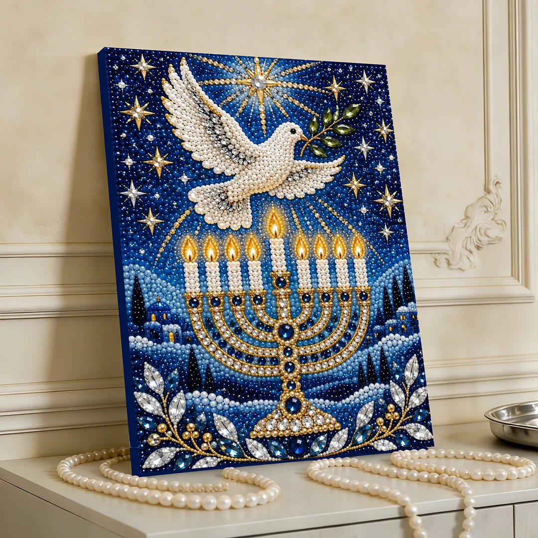 Framed Pearl Painting Kit Hanukkah Menorah Dove 11.81x15.75in