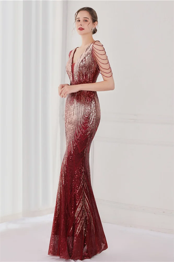 Luluslly V-Neck Mermaid Evening Party Dress Sequins Long YE0054
