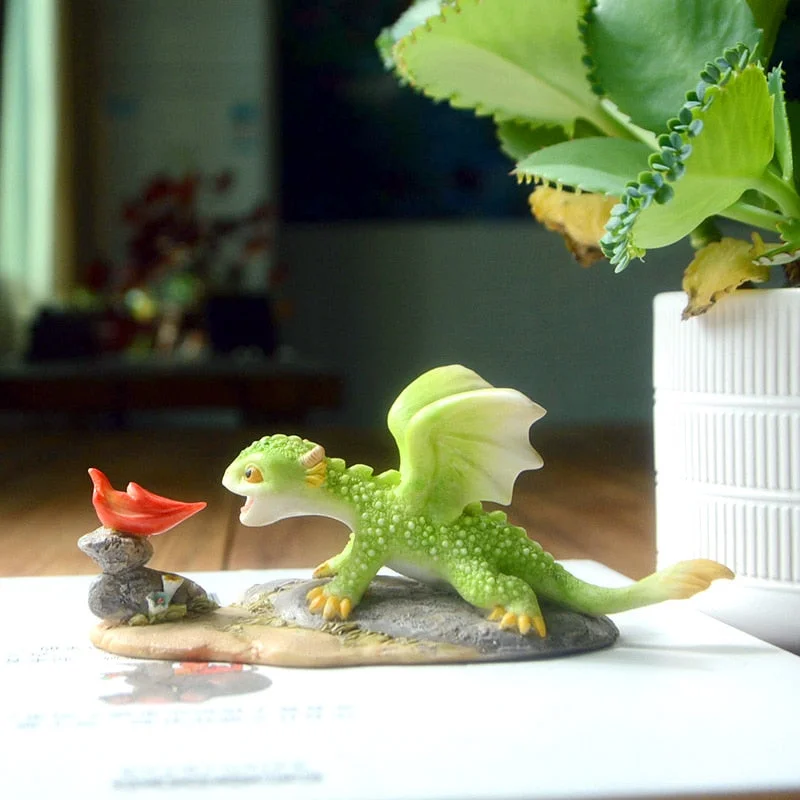 Rex the Green Dragon Figurine Planter Mini Collectible Fantasy Dragon Ornament with Castle Flowerpot Fairy Garden and Terrarium
