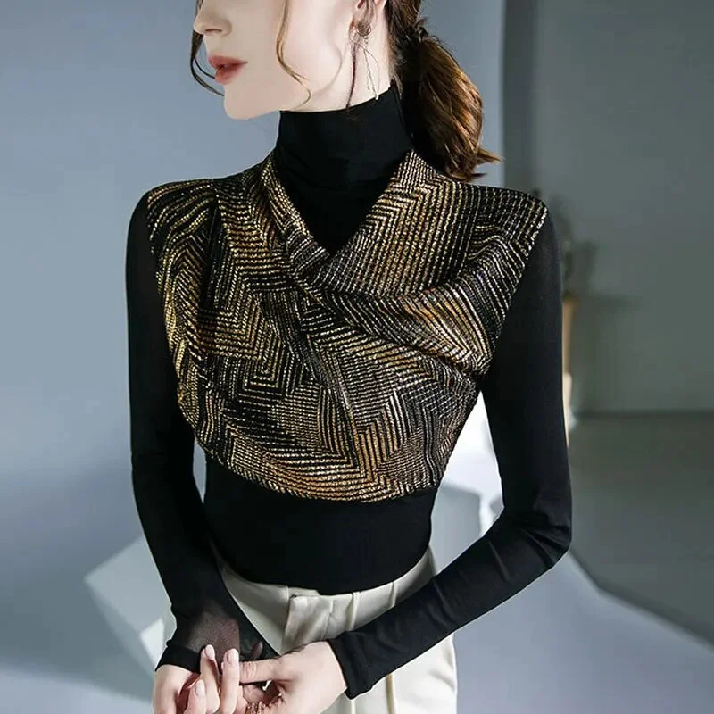 Mongw Chic Sequined Gauze T-shirt Patchwork Female Clothing Casual Turtleneck Spring Autumn Slim All-match Long Sleeve Pullovers
