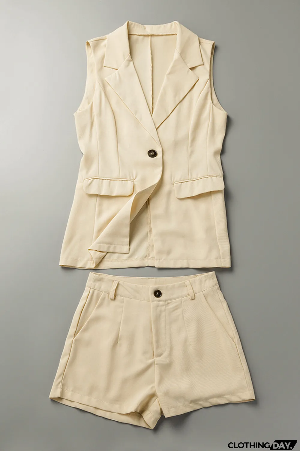 Apricot Casual Solid Patchwork Buttons Turn-back Collar Sleeveless Two Pieces