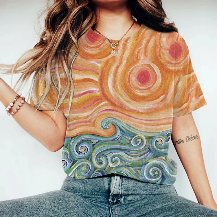 Vintage Oil Painting Sun Wave Print T-shirt