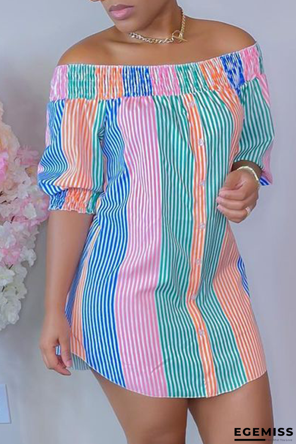 Pink Green Casual Striped Patchwork Off the Shoulder Straight Dresses | EGEMISS