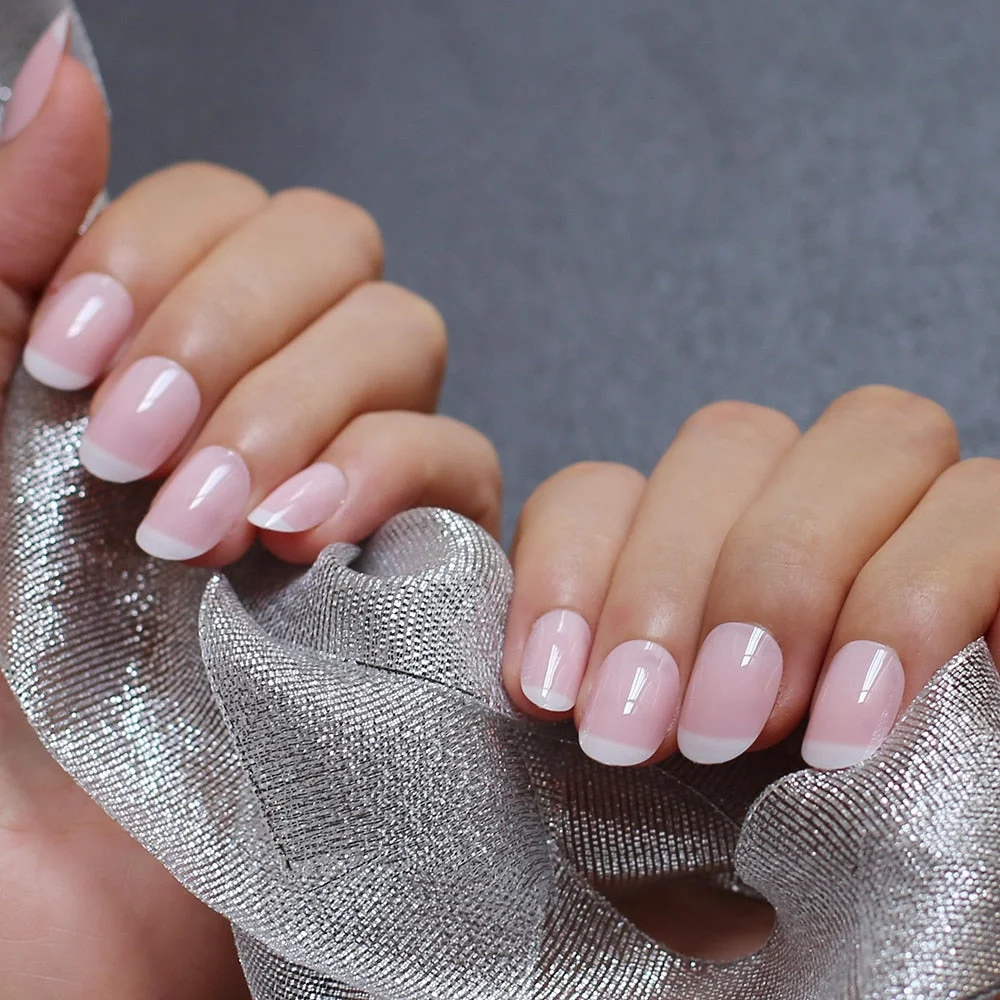 Gel Exquisite French Coffin Baby nude Acrylic nails salon 24pcs Baby pink Fake nails ballet UV glossy reuseull wholesale droship-Nail Inspo