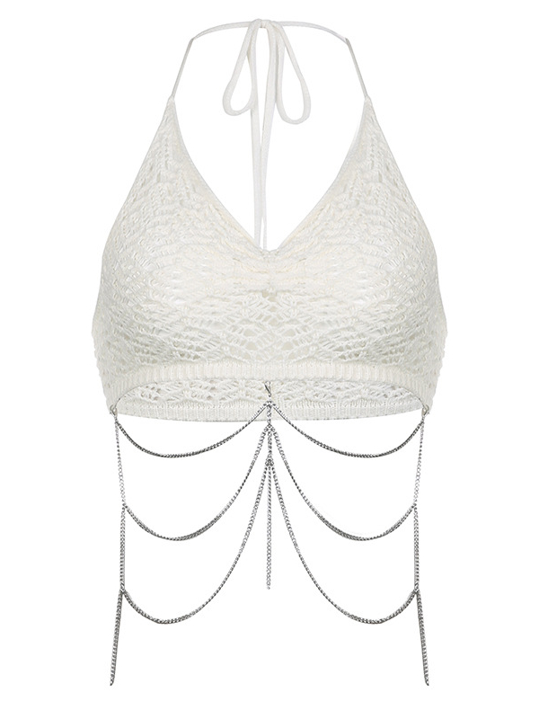 Sexy Spaghetti Sleeveless Knitted Cutout Plunging Neck Chains-trimmed Crop