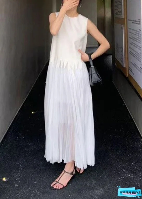 Simple White O Neck Wrinkled Silk Long Dress Sleeveless
