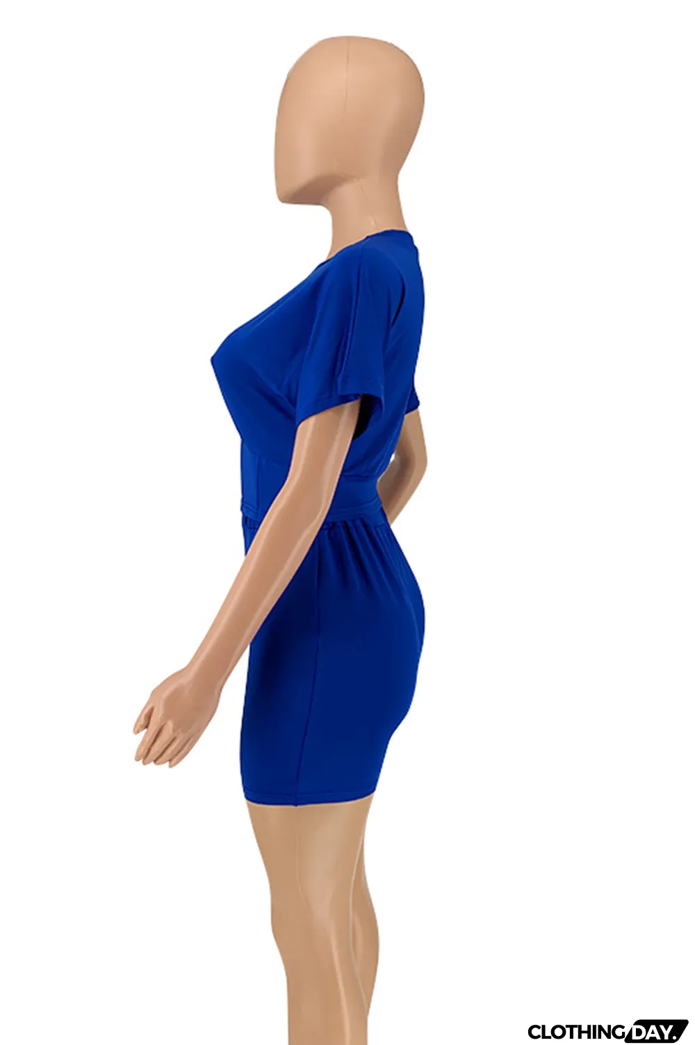 Blue Casual Solid Split Joint O Neck Short Sleeve Two Pieces