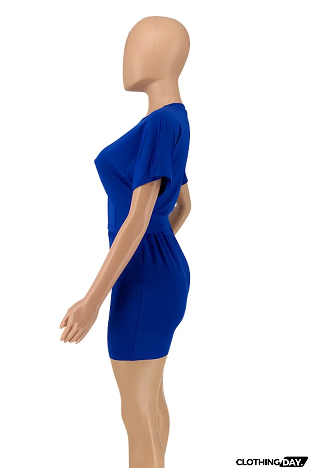 Blue Casual Solid Split Joint O Neck Short Sleeve Two Pieces