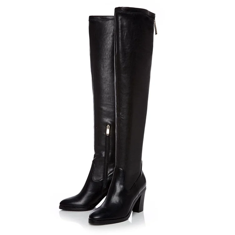 Black Vegan Leather Long Boots Casual Zipper Over-the-Knee Boots |FSJ Shoes