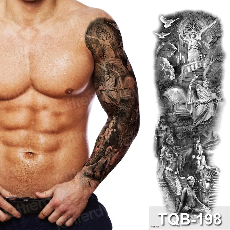temporary tatoo men large waterproof temporary arm sleeve tattoo black robot mechanical tattoos tribal lion head king fox design