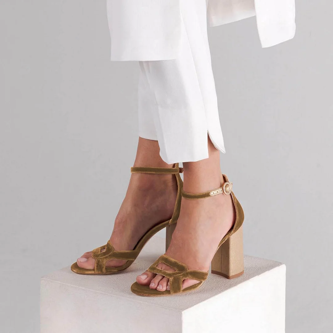Gold Velvet Open Toe Chunky Heel Women's Sandals with Ankle Strap