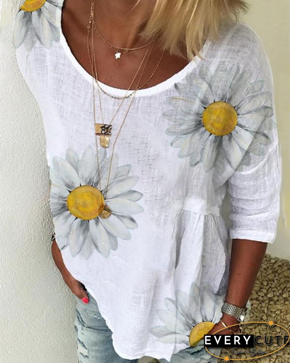 Daisy Print Short Sleeve Casual T-shirt P11198