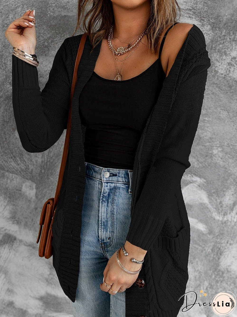 Cozy Black Knit Cardigan with Button-Up Front and Pockets